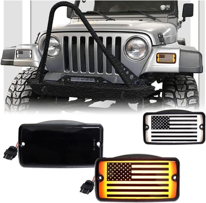 GSOWO 2 IN 1 Front Corner Turn Signal Parking Lights for 1997-2006 J-e-e-p Wrangler TJ, Smoked Lens Daytime Running Lamp, 55155629AC, 55155628AC - Image 1